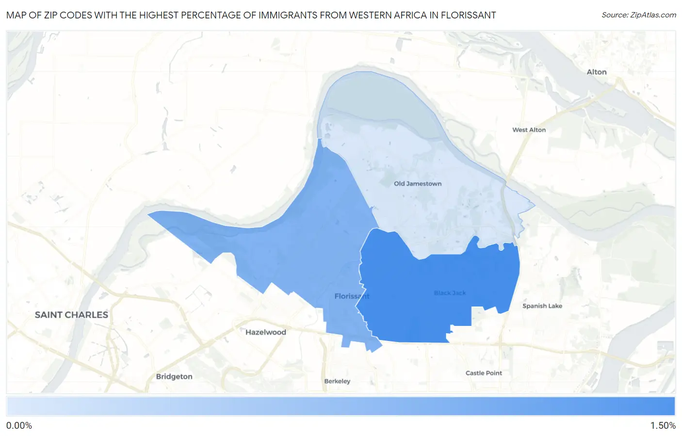 Zip Codes with the Highest Percentage of Immigrants from Western Africa in Florissant Map