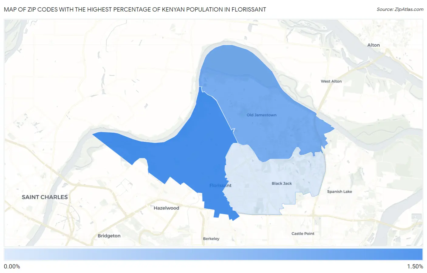 Zip Codes with the Highest Percentage of Kenyan Population in Florissant Map