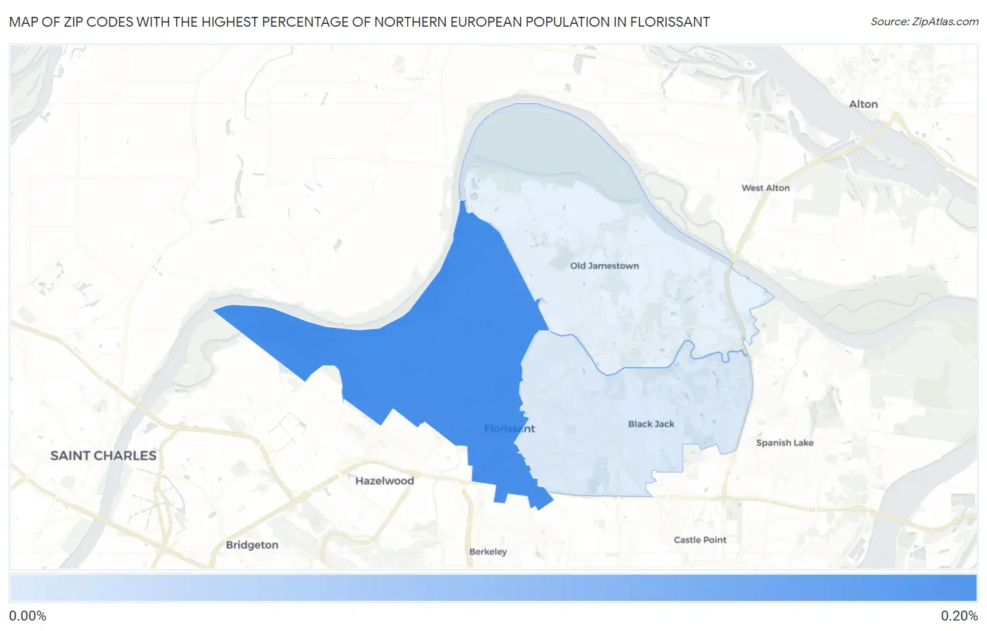 Zip Codes with the Highest Percentage of Northern European Population in Florissant Map