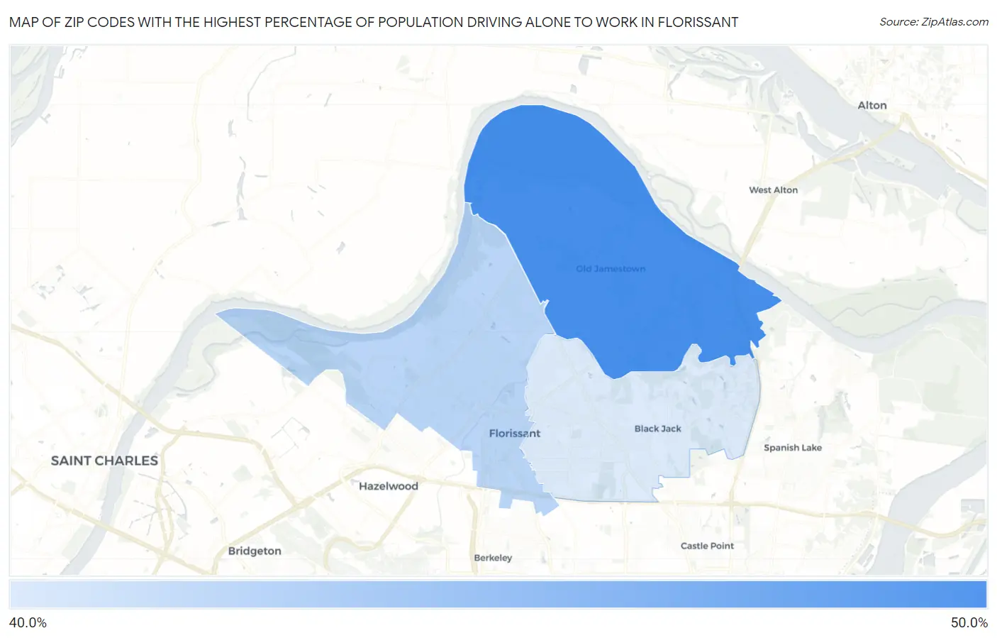 Zip Codes with the Highest Percentage of Population Driving Alone to Work in Florissant Map