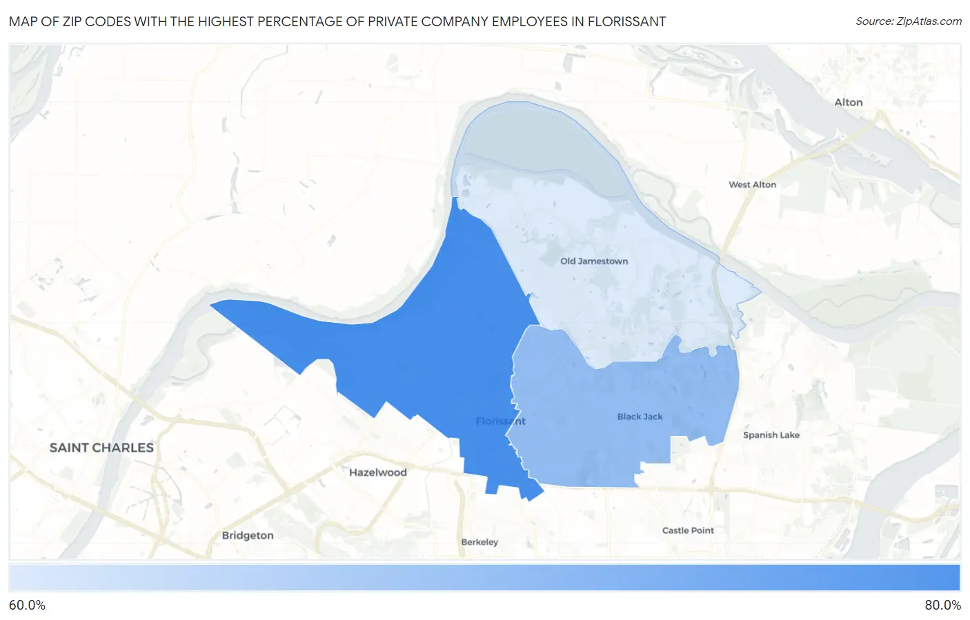 Zip Codes with the Highest Percentage of Private Company Employees in Florissant Map