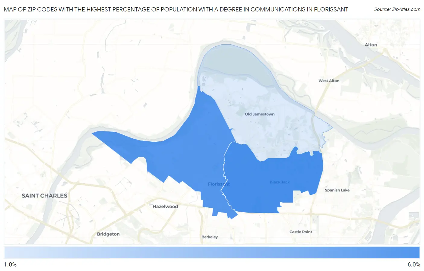 Zip Codes with the Highest Percentage of Population with a Degree in Communications in Florissant Map
