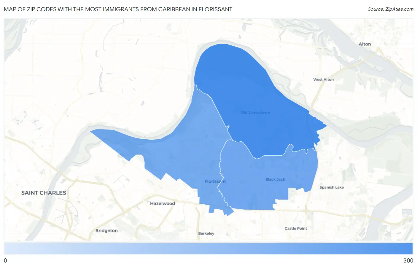 Zip Codes with the Most Immigrants from Caribbean in Florissant Map