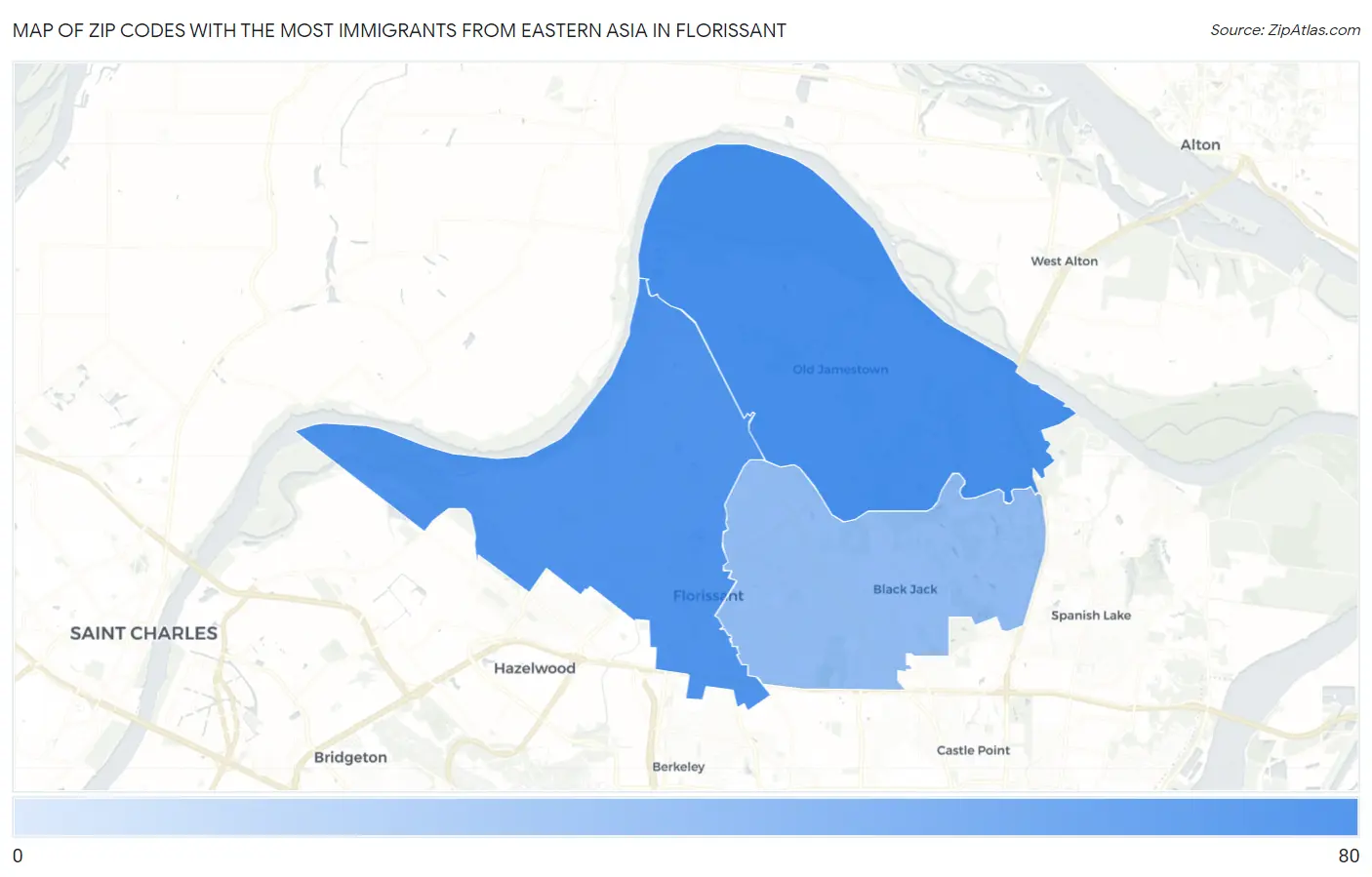 Zip Codes with the Most Immigrants from Eastern Asia in Florissant Map