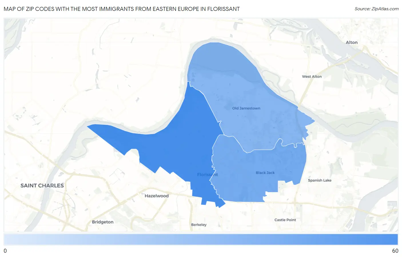 Zip Codes with the Most Immigrants from Eastern Europe in Florissant Map