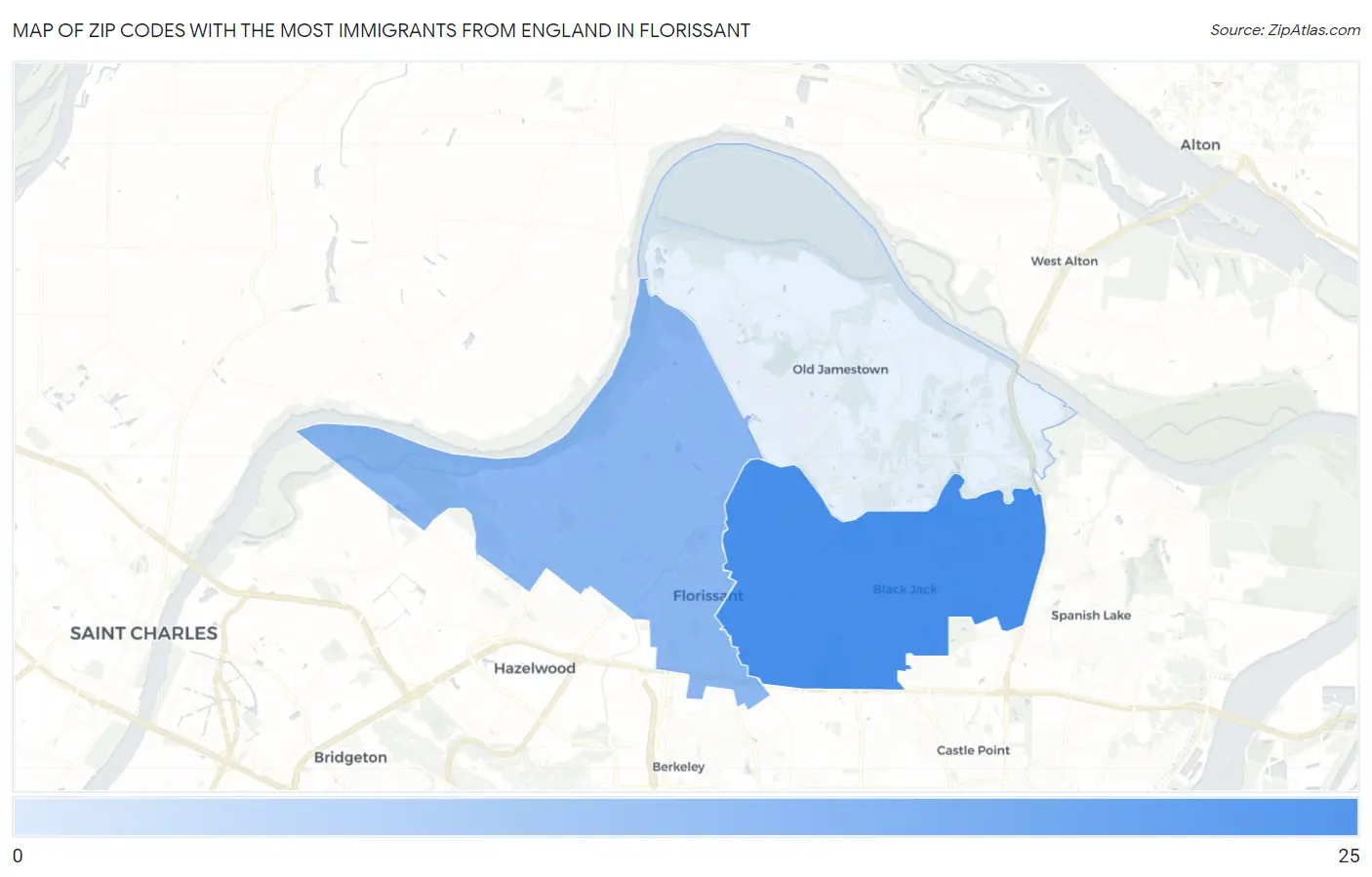 Zip Codes with the Most Immigrants from England in Florissant Map