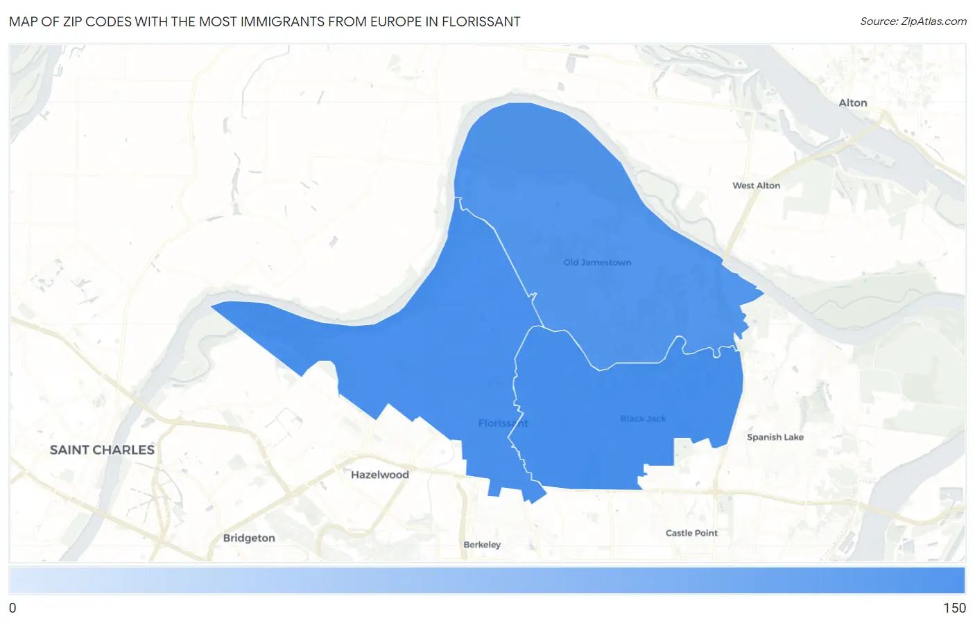 Zip Codes with the Most Immigrants from Europe in Florissant Map