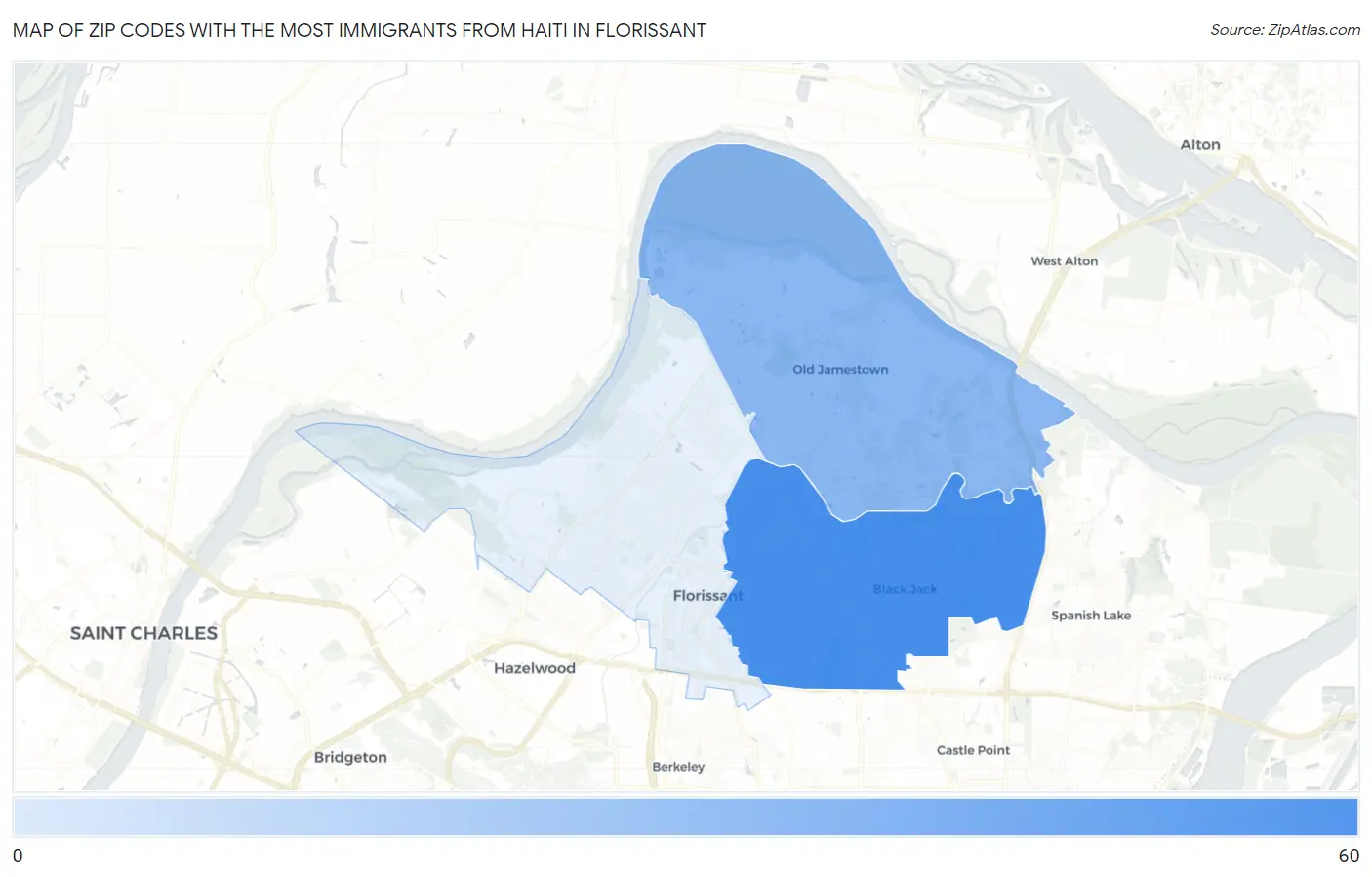 Zip Codes with the Most Immigrants from Haiti in Florissant Map