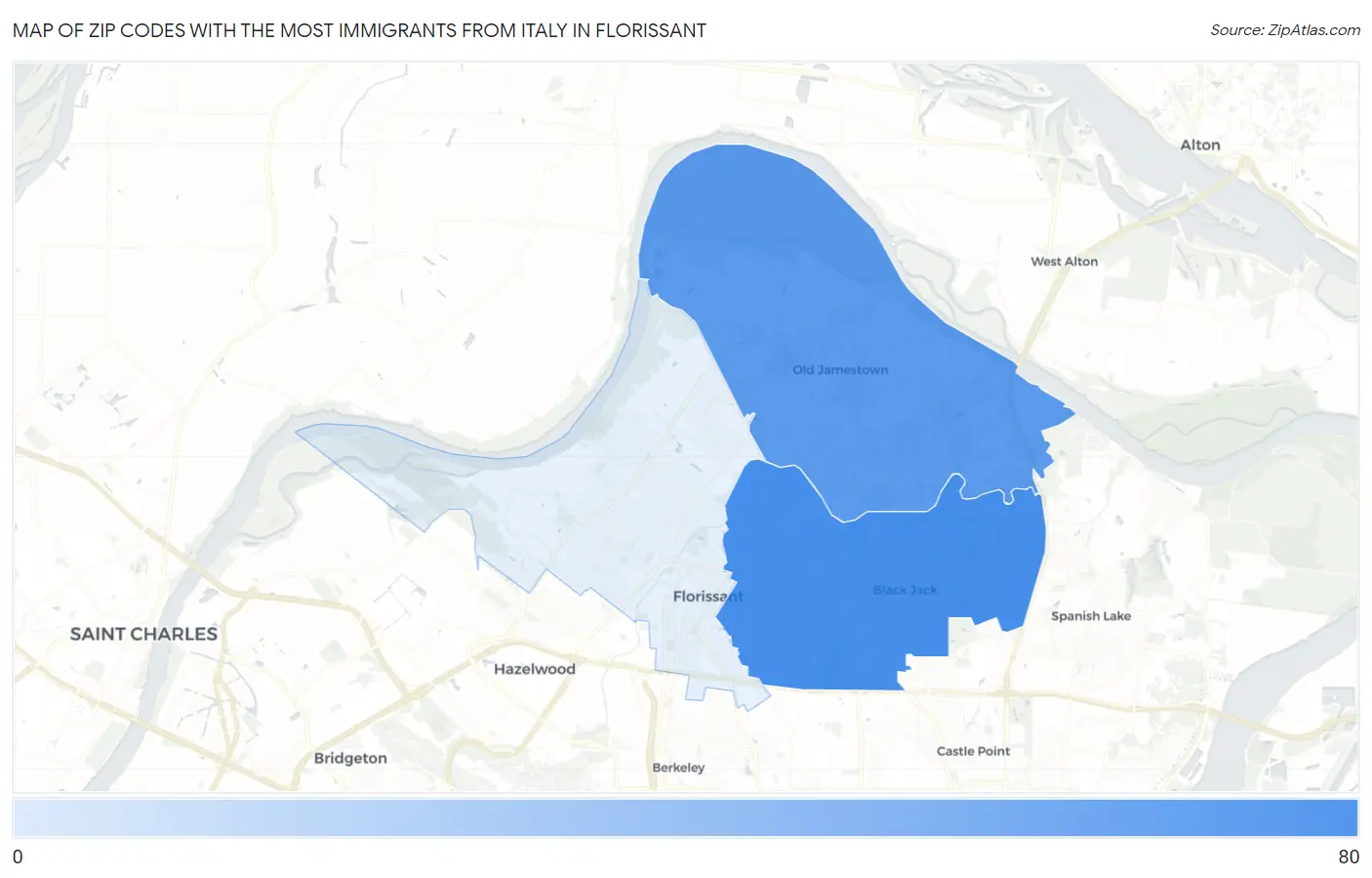 Zip Codes with the Most Immigrants from Italy in Florissant Map