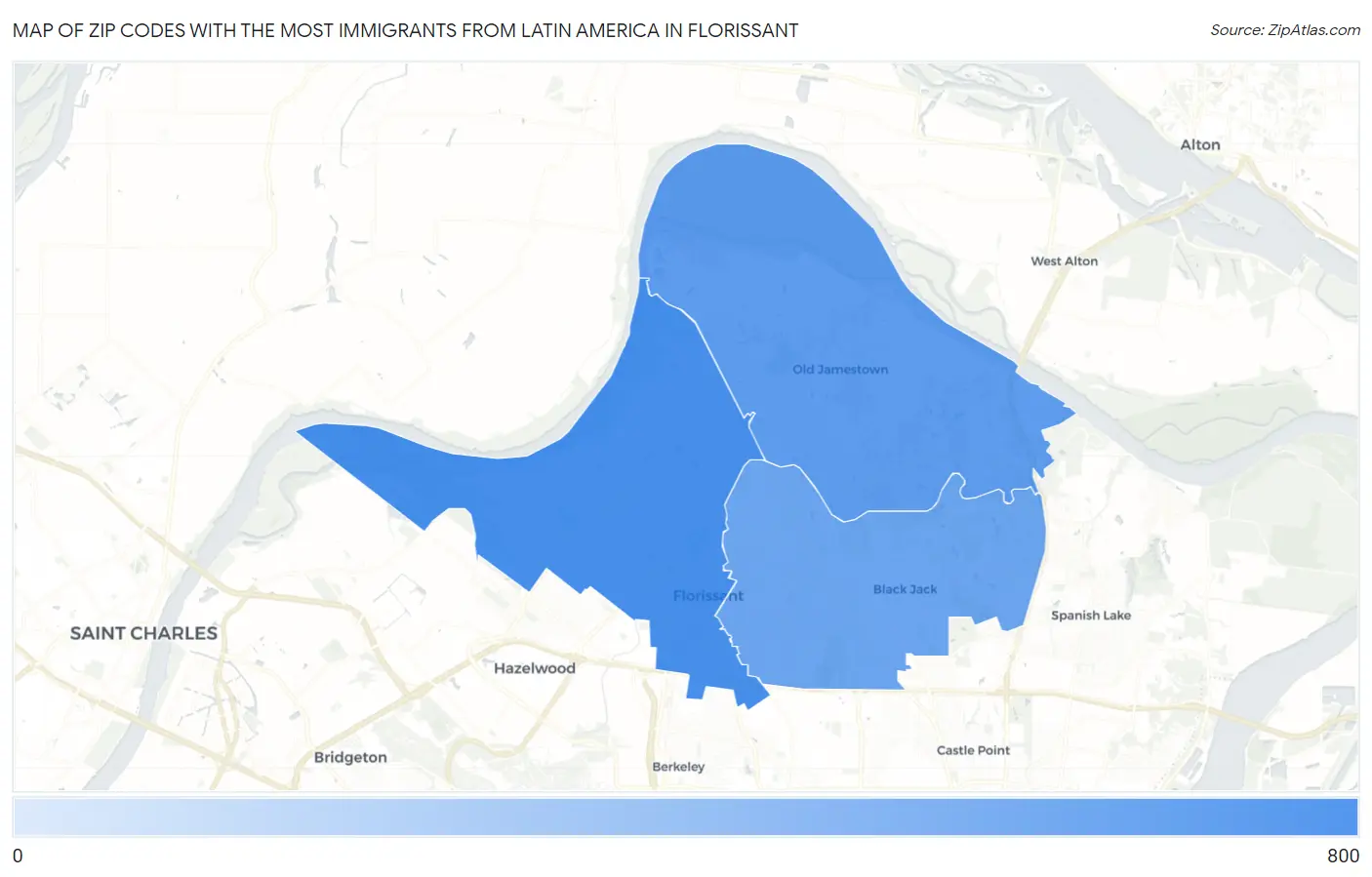 Zip Codes with the Most Immigrants from Latin America in Florissant Map