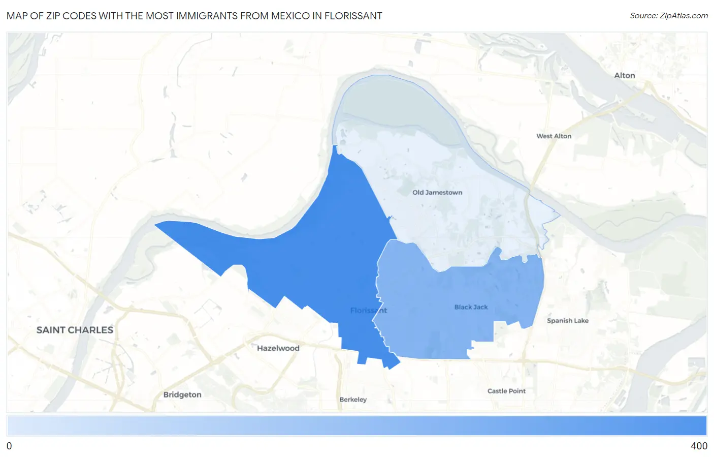 Zip Codes with the Most Immigrants from Mexico in Florissant Map