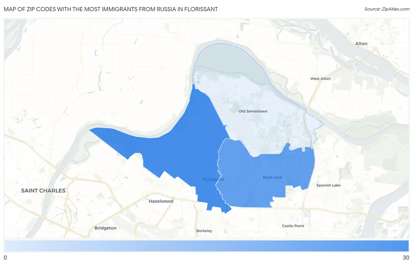 Zip Codes with the Most Immigrants from Russia in Florissant Map