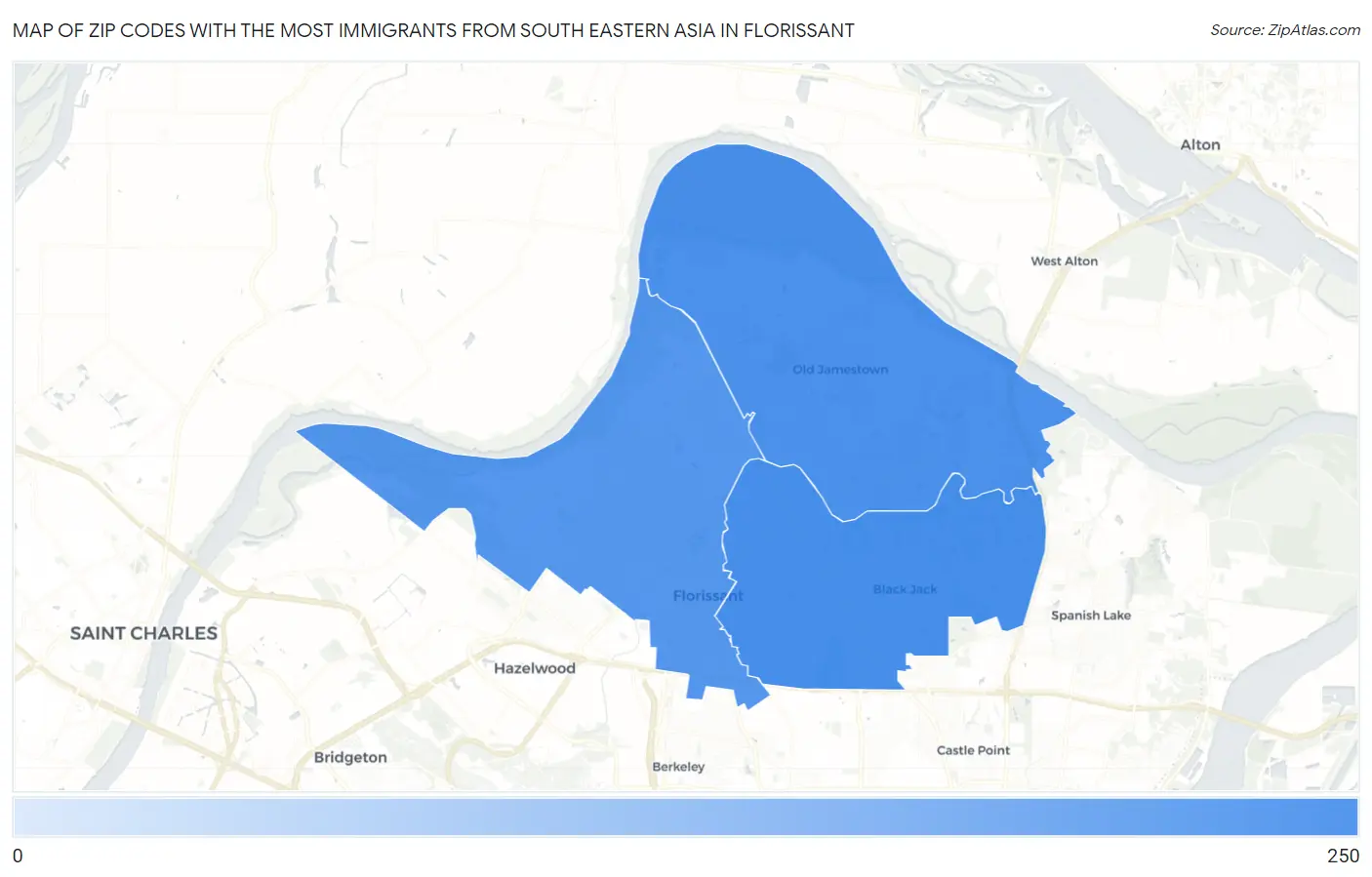 Zip Codes with the Most Immigrants from South Eastern Asia in Florissant Map