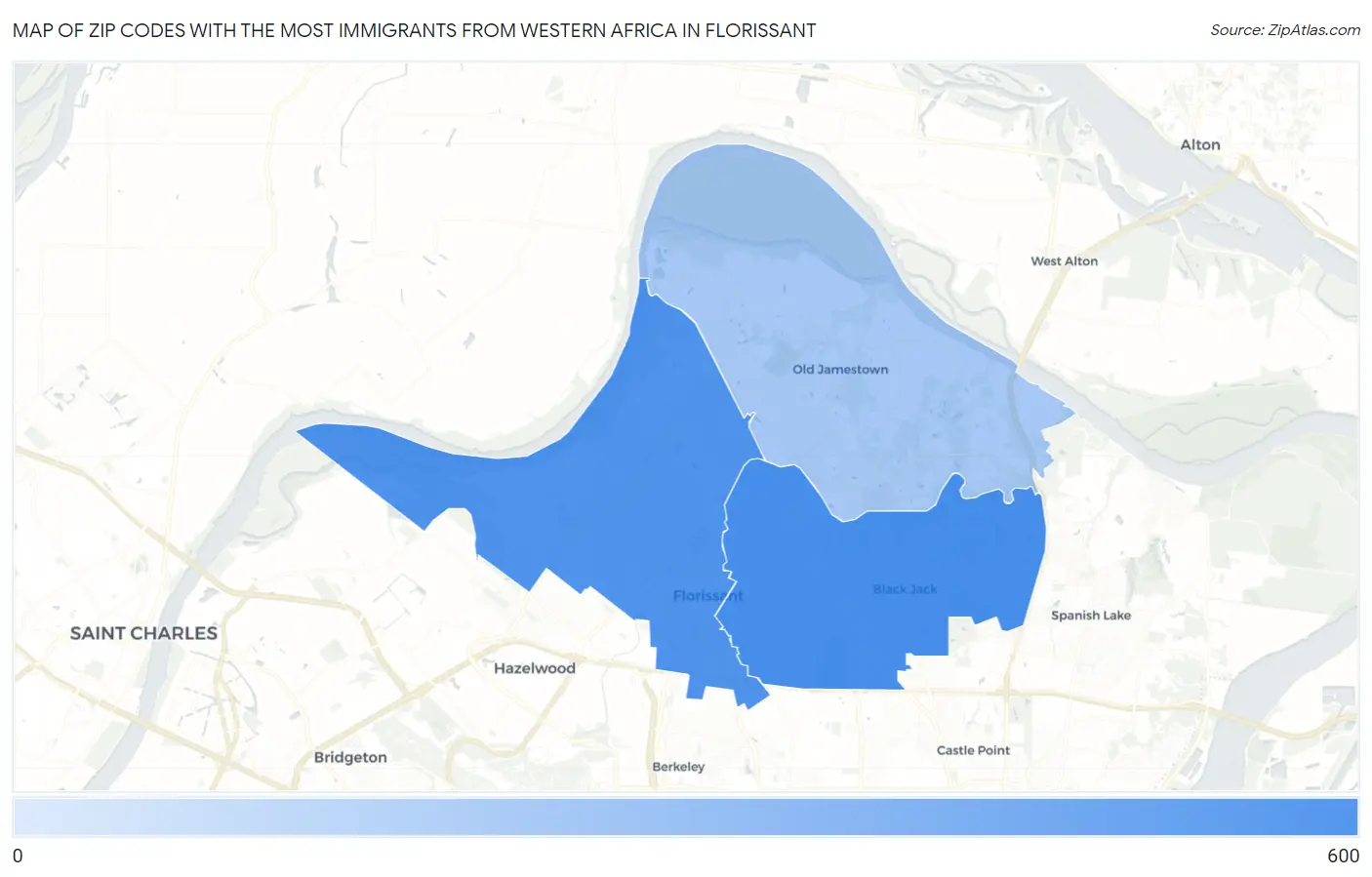 Zip Codes with the Most Immigrants from Western Africa in Florissant Map
