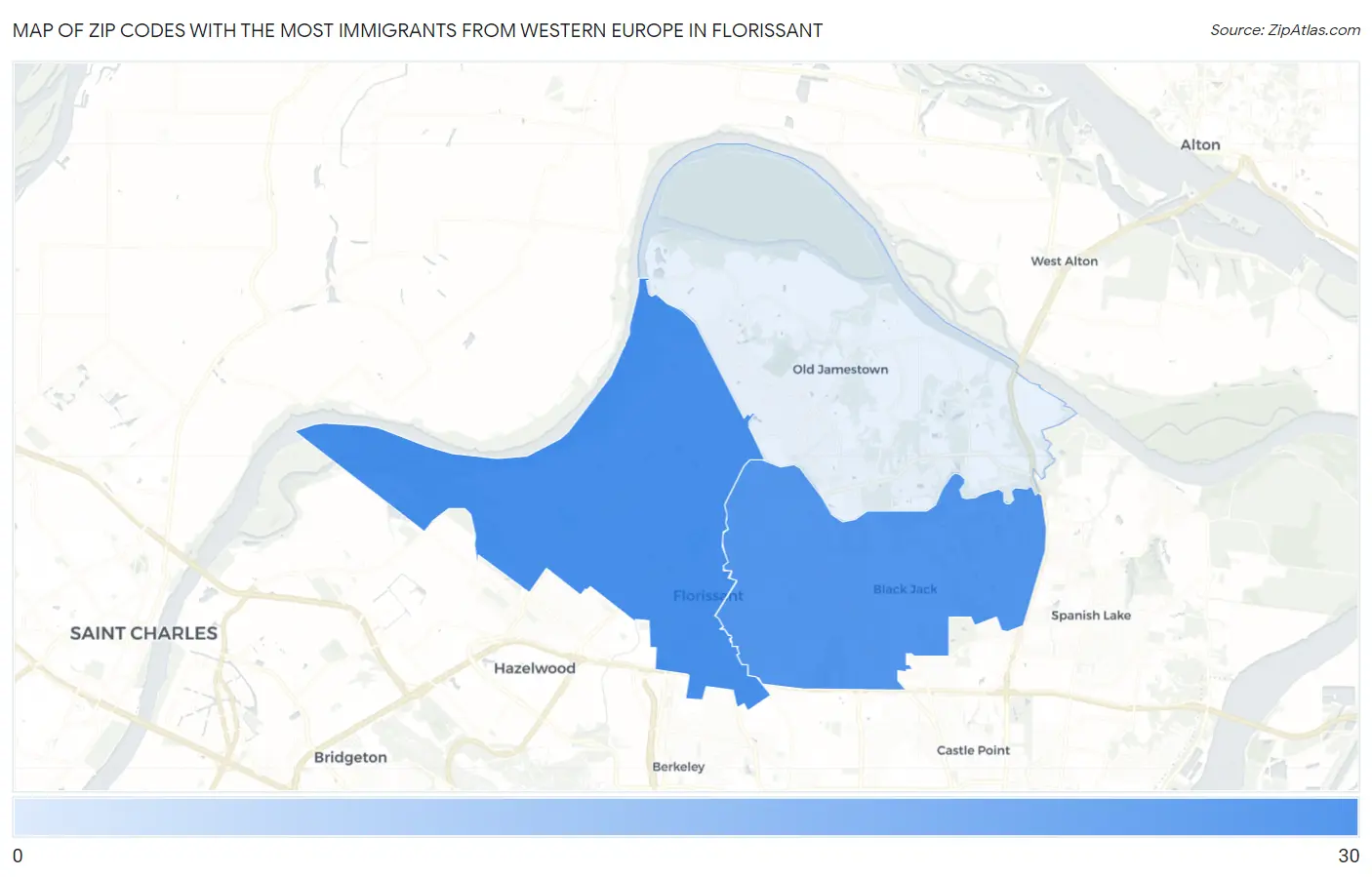 Zip Codes with the Most Immigrants from Western Europe in Florissant Map