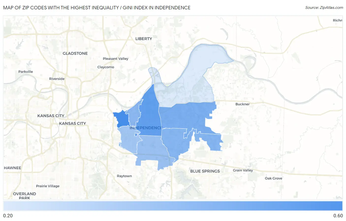 Zip Codes with the Highest Inequality / Gini Index in Independence Map