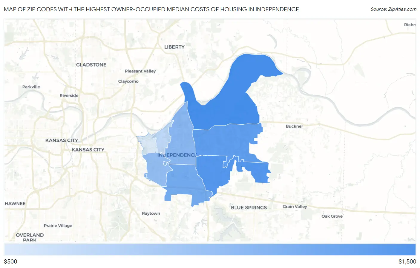 Zip Codes with the Highest Owner-Occupied Median Costs of Housing in Independence Map