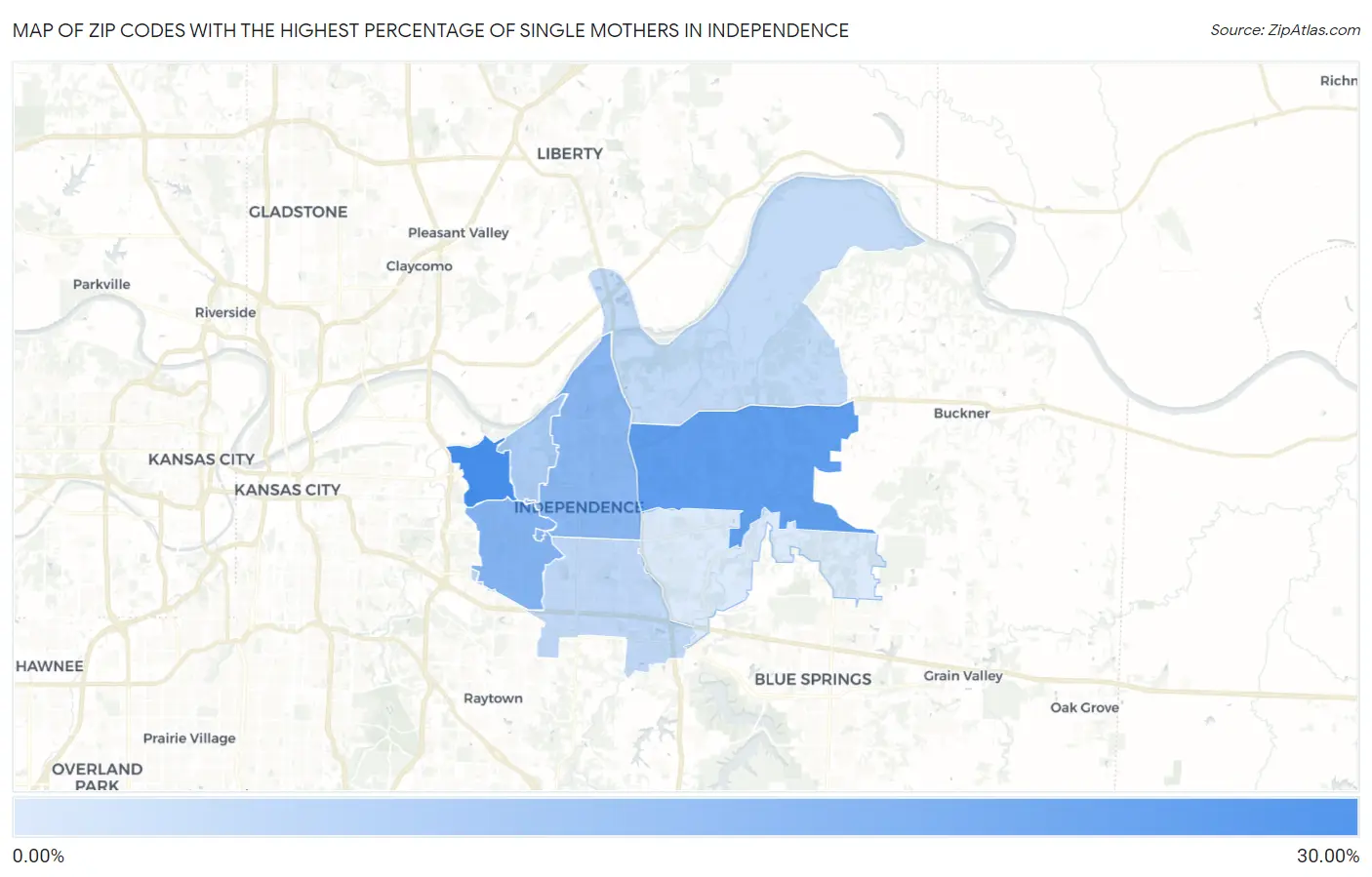 Zip Codes with the Highest Percentage of Single Mothers in Independence Map
