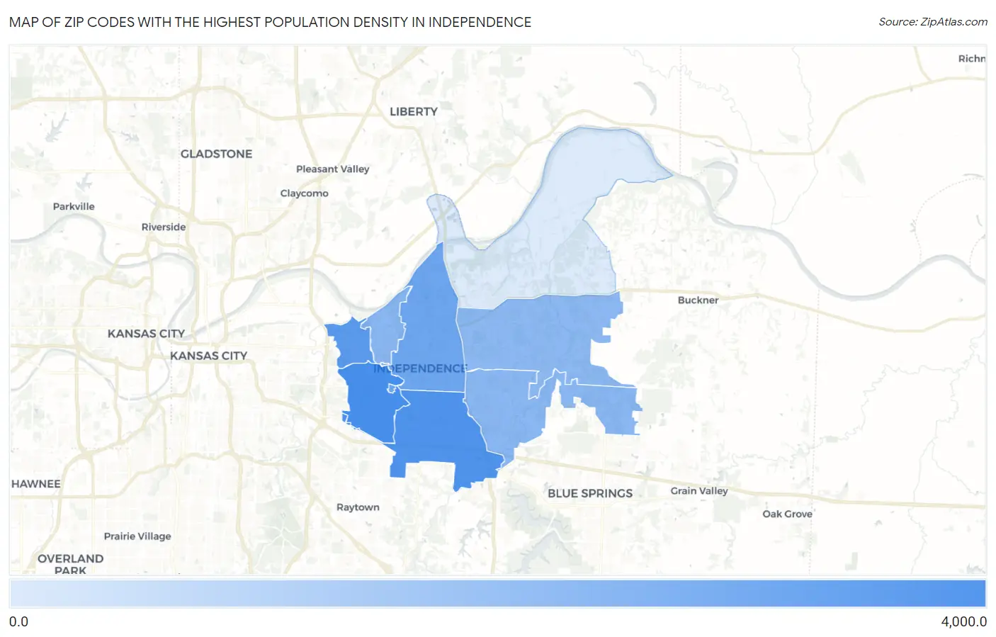 Zip Codes with the Highest Population Density in Independence Map