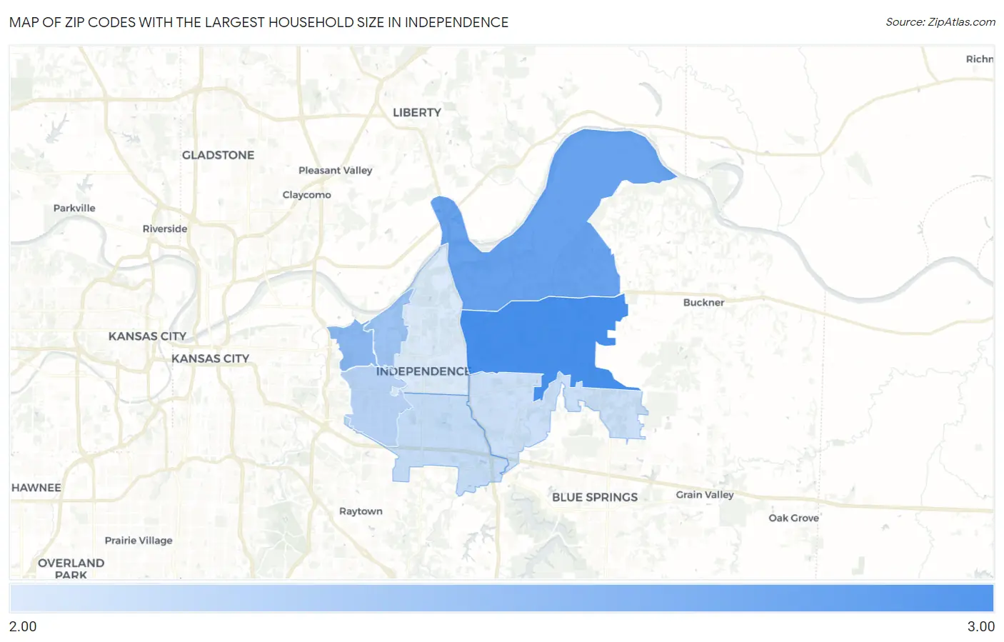 Zip Codes with the Largest Household Size in Independence Map