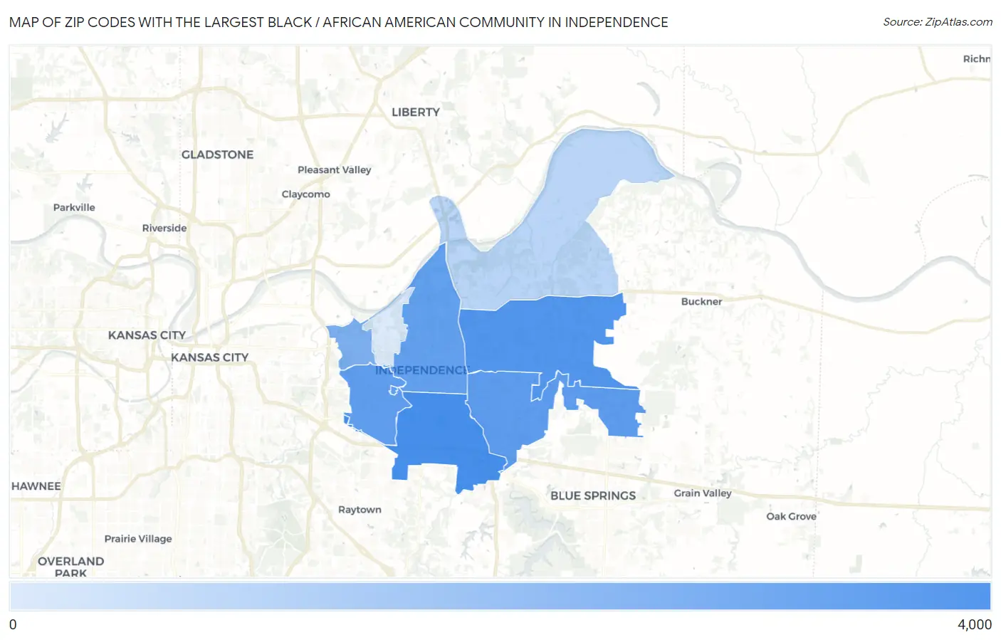 Zip Codes with the Largest Black / African American Community in Independence Map