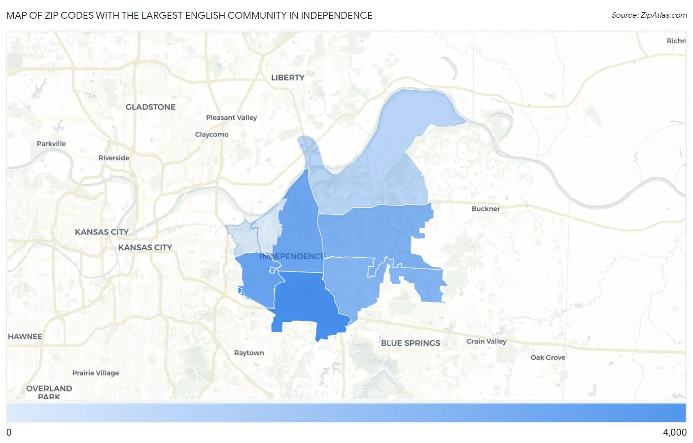 Zip Codes with the Largest English Community in Independence Map