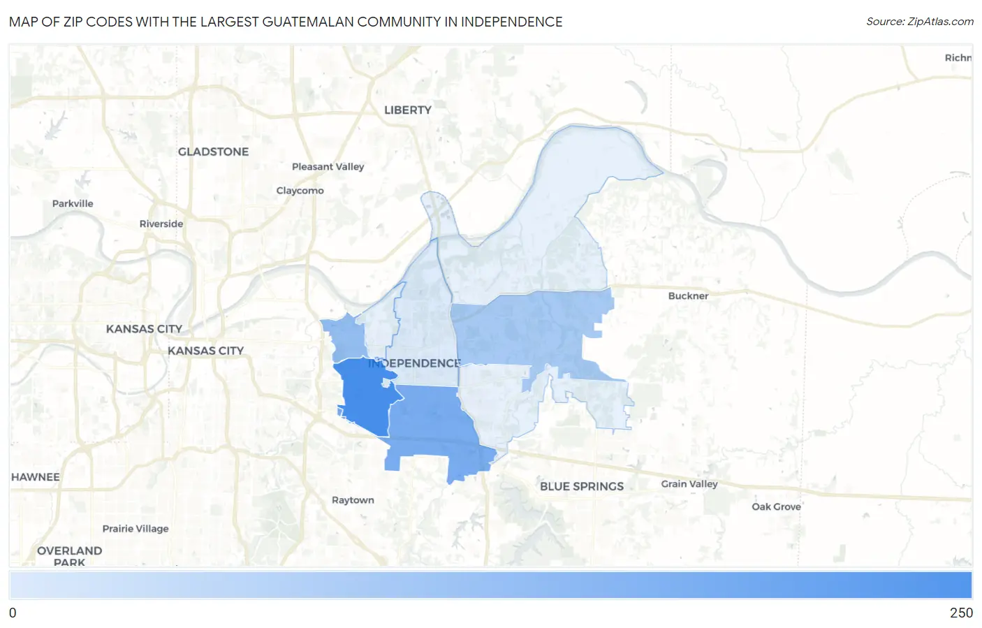 Zip Codes with the Largest Guatemalan Community in Independence Map