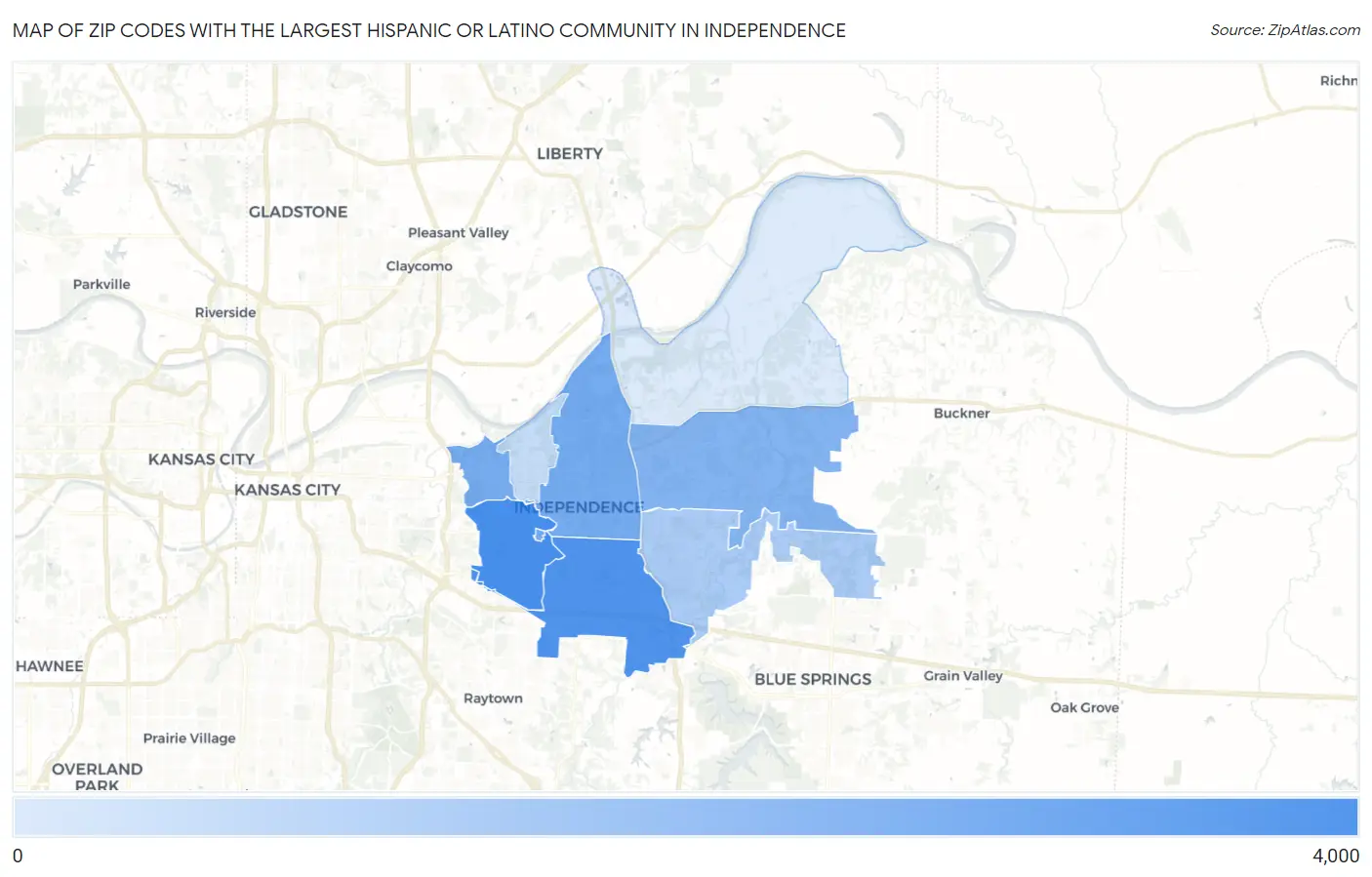 Zip Codes with the Largest Hispanic or Latino Community in Independence Map