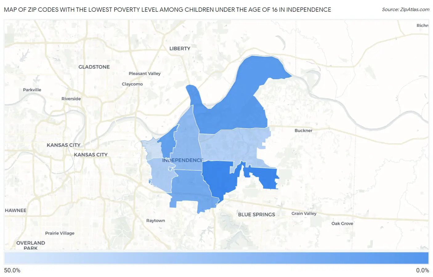 Zip Codes with the Lowest Poverty Level Among Children Under the Age of 16 in Independence Map