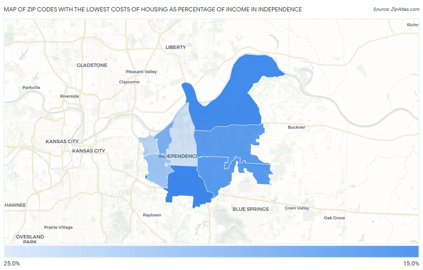 Zip Codes with the Lowest Costs of Housing as Percentage of Income in Independence Map