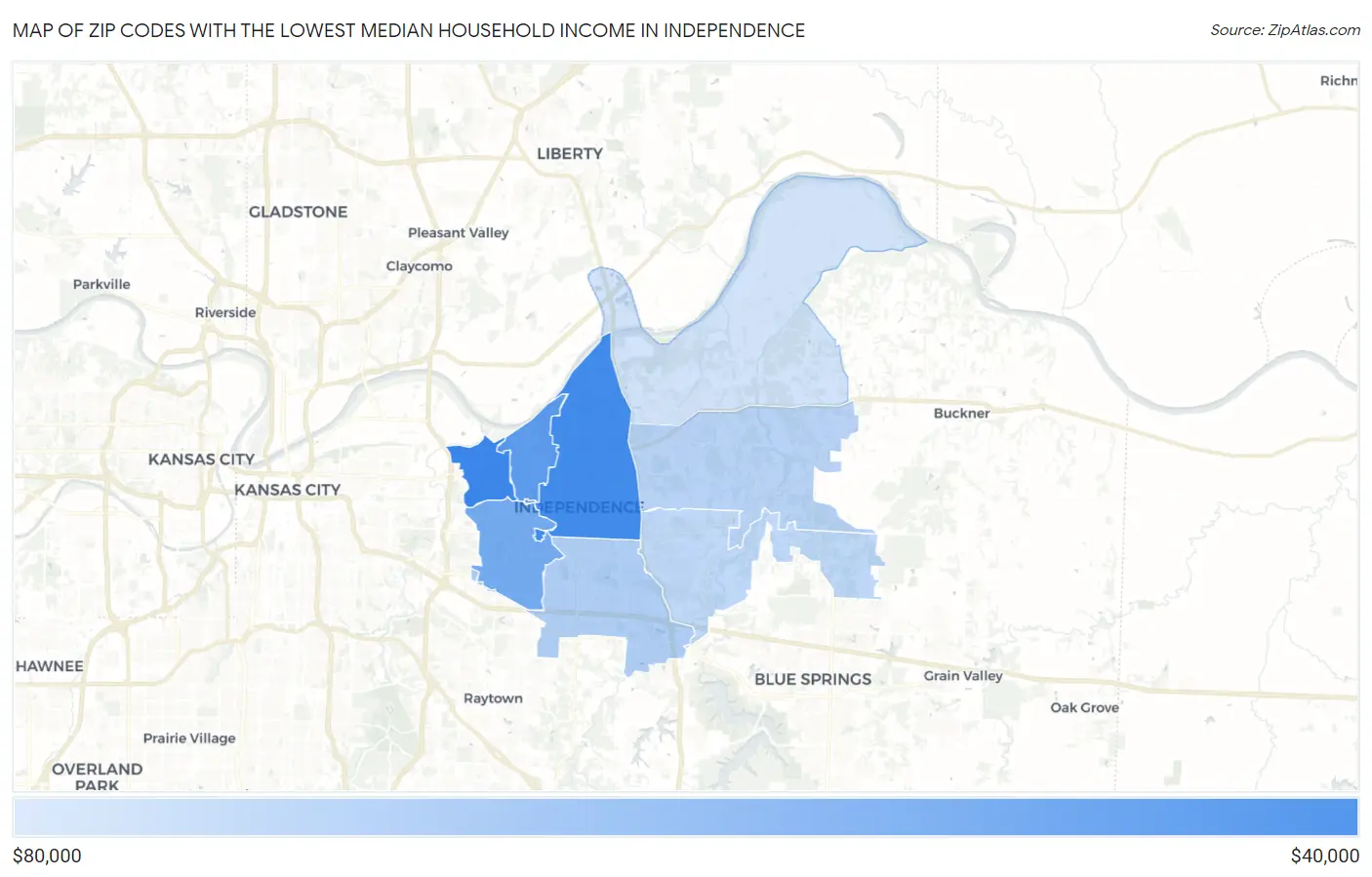Zip Codes with the Lowest Median Household Income in Independence Map