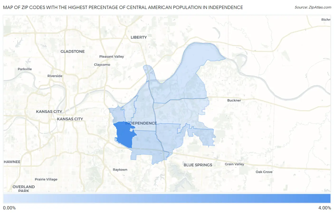 Zip Codes with the Highest Percentage of Central American Population in Independence Map