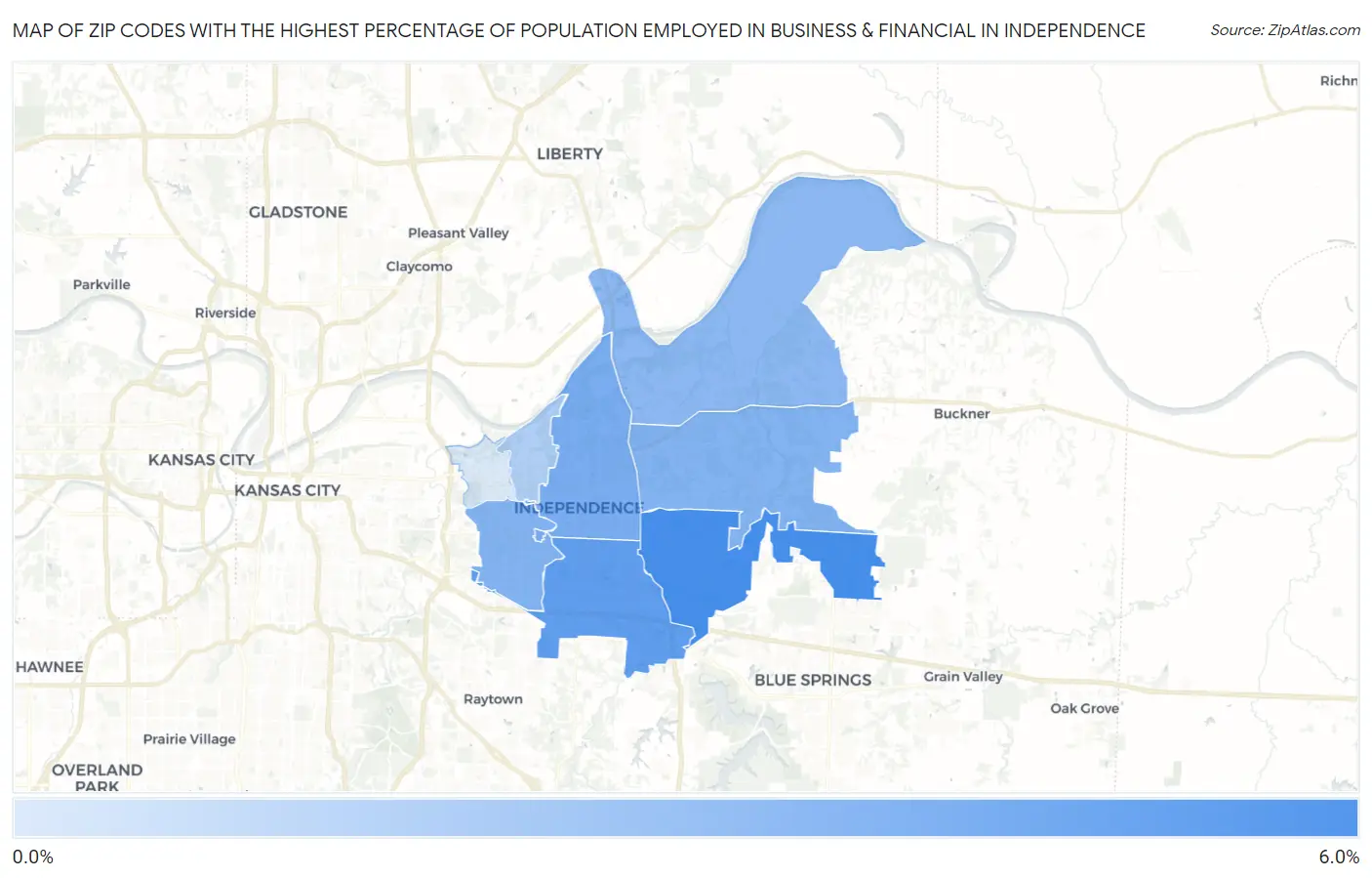 Zip Codes with the Highest Percentage of Population Employed in Business & Financial in Independence Map