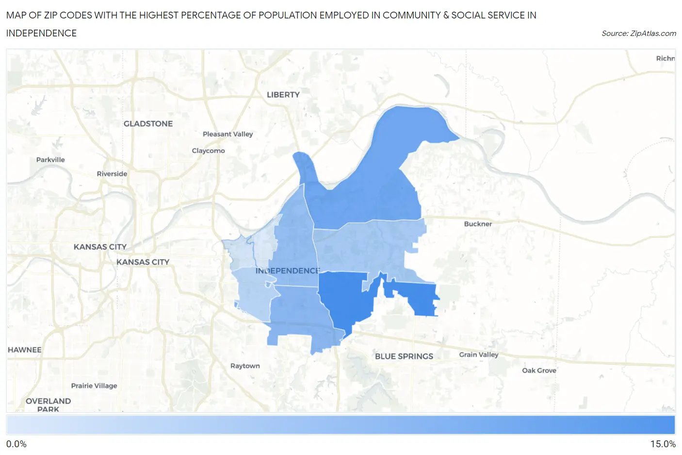 Zip Codes with the Highest Percentage of Population Employed in Community & Social Service  in Independence Map