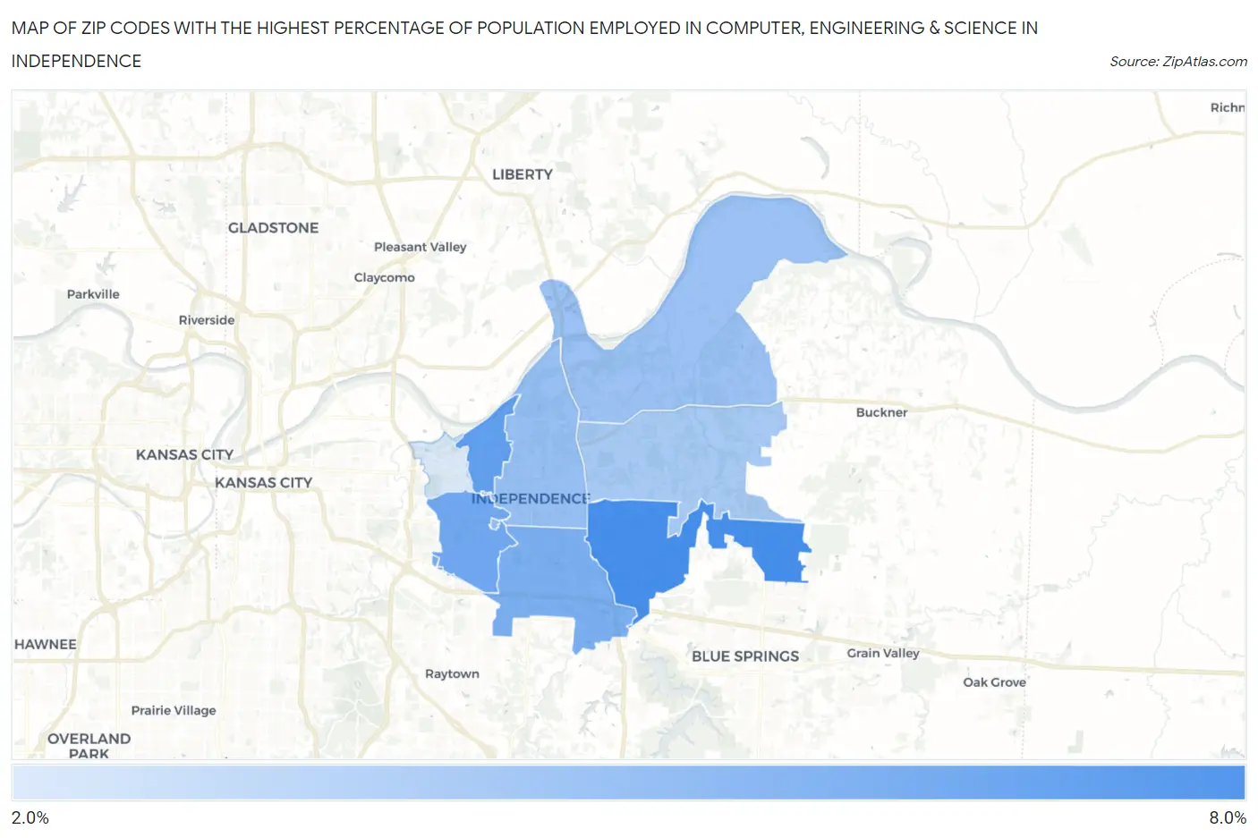 Zip Codes with the Highest Percentage of Population Employed in Computer, Engineering & Science in Independence Map