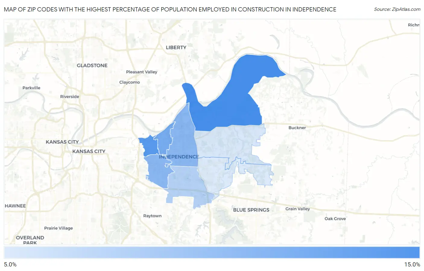 Zip Codes with the Highest Percentage of Population Employed in Construction in Independence Map