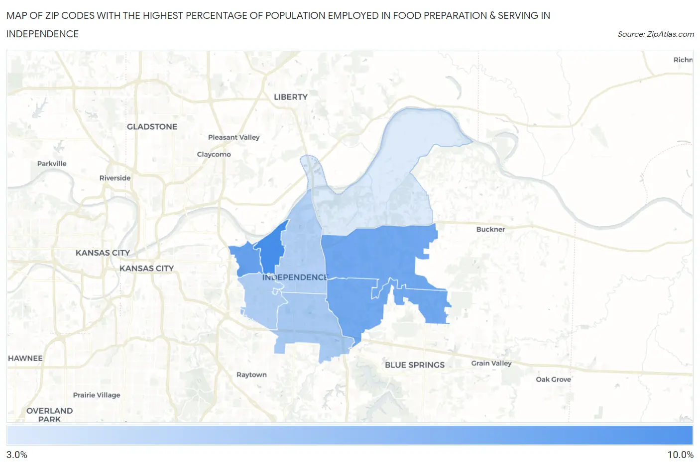 Zip Codes with the Highest Percentage of Population Employed in Food Preparation & Serving in Independence Map