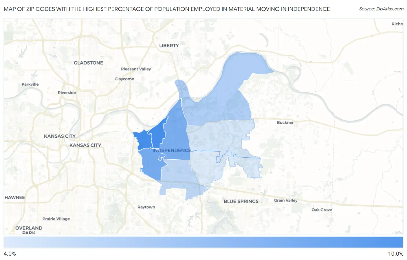 Zip Codes with the Highest Percentage of Population Employed in Material Moving in Independence Map