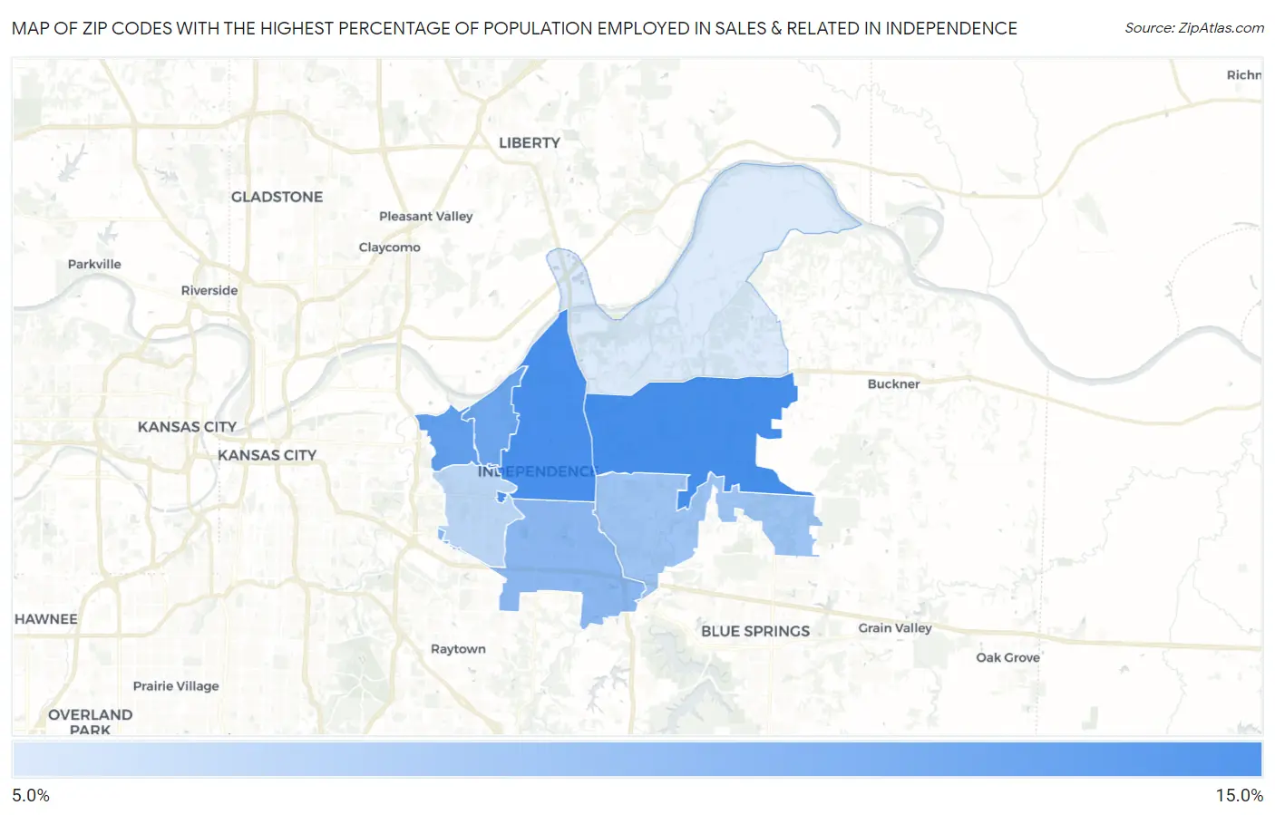 Zip Codes with the Highest Percentage of Population Employed in Sales & Related in Independence Map
