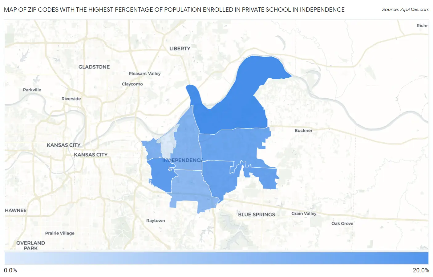 Zip Codes with the Highest Percentage of Population Enrolled in Private School in Independence Map