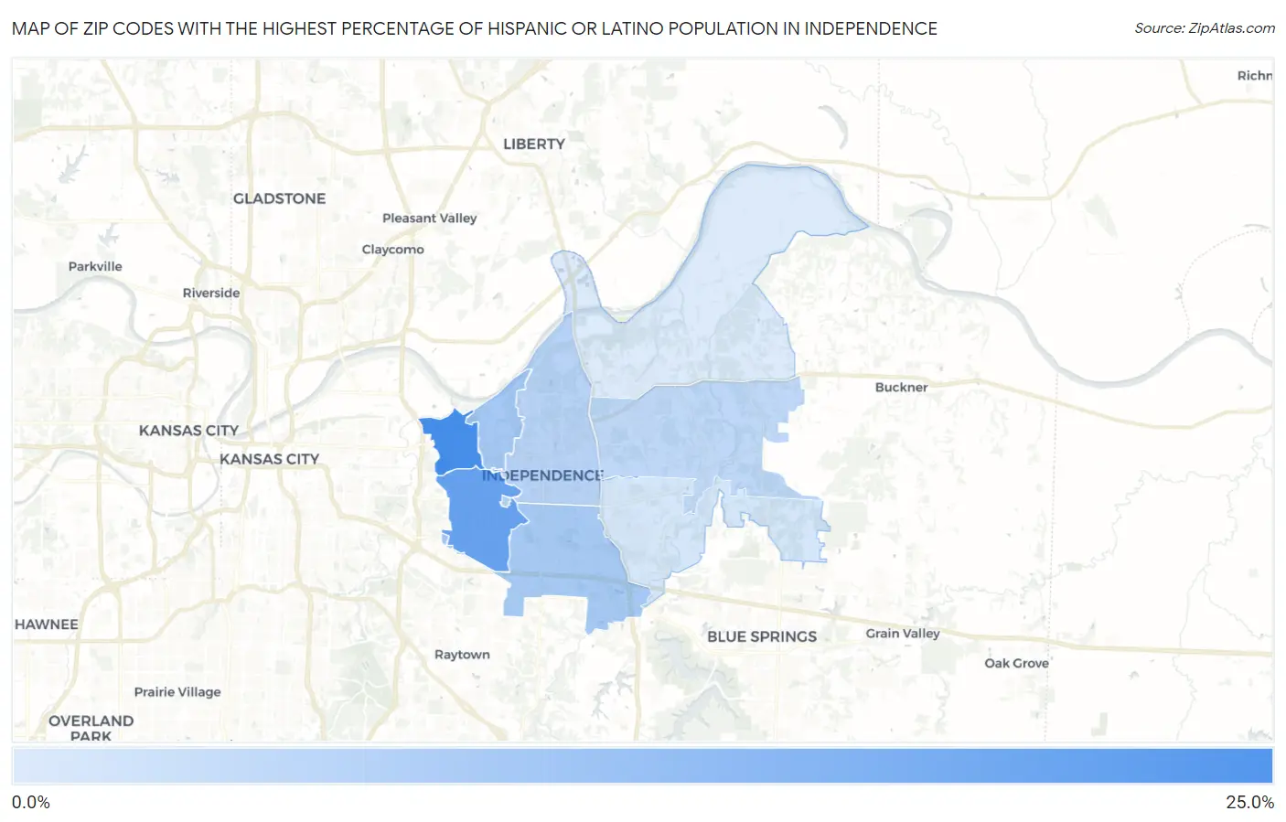 Zip Codes with the Highest Percentage of Hispanic or Latino Population in Independence Map