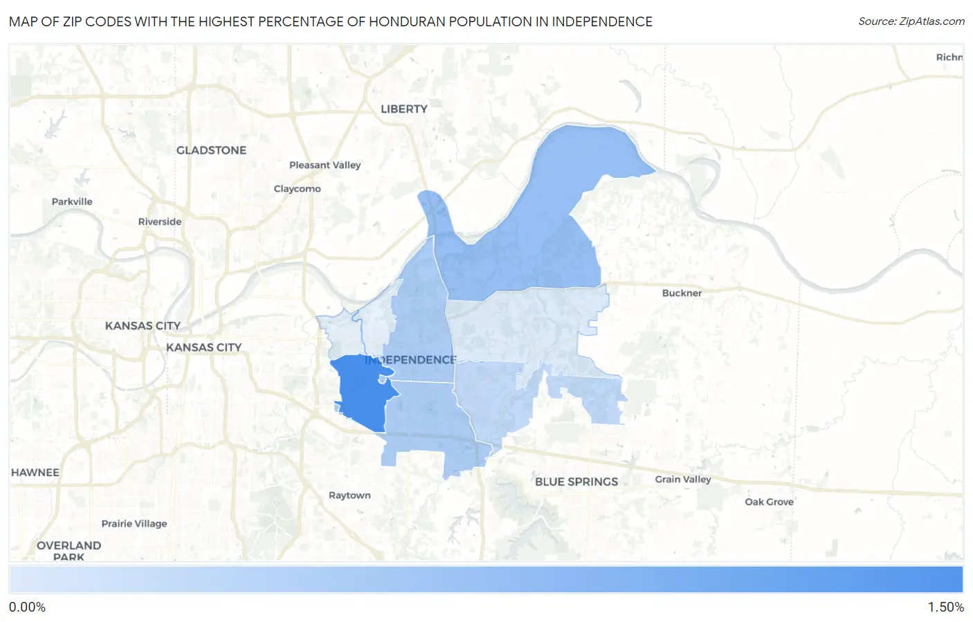 Zip Codes with the Highest Percentage of Honduran Population in Independence Map