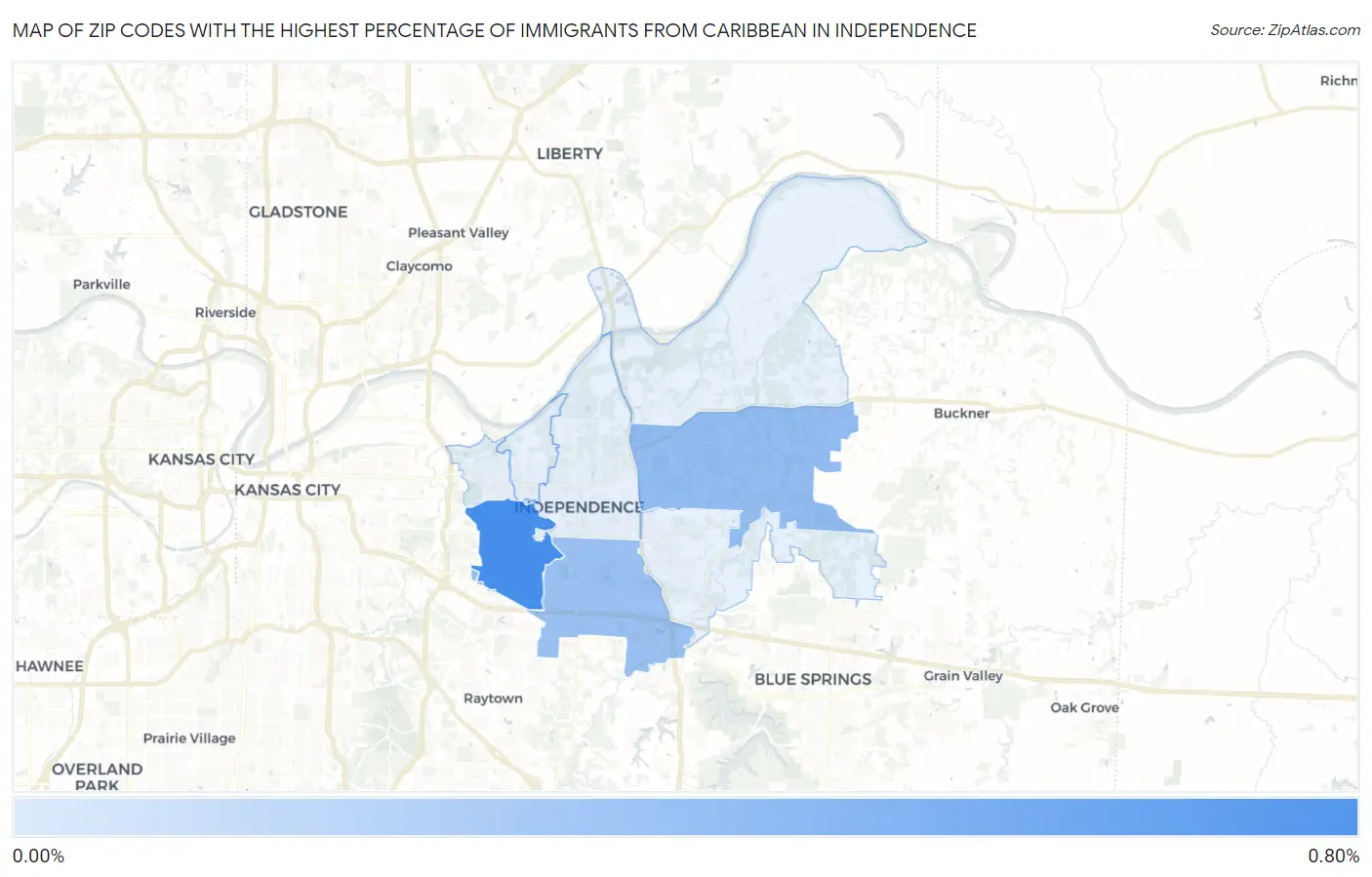 Zip Codes with the Highest Percentage of Immigrants from Caribbean in Independence Map