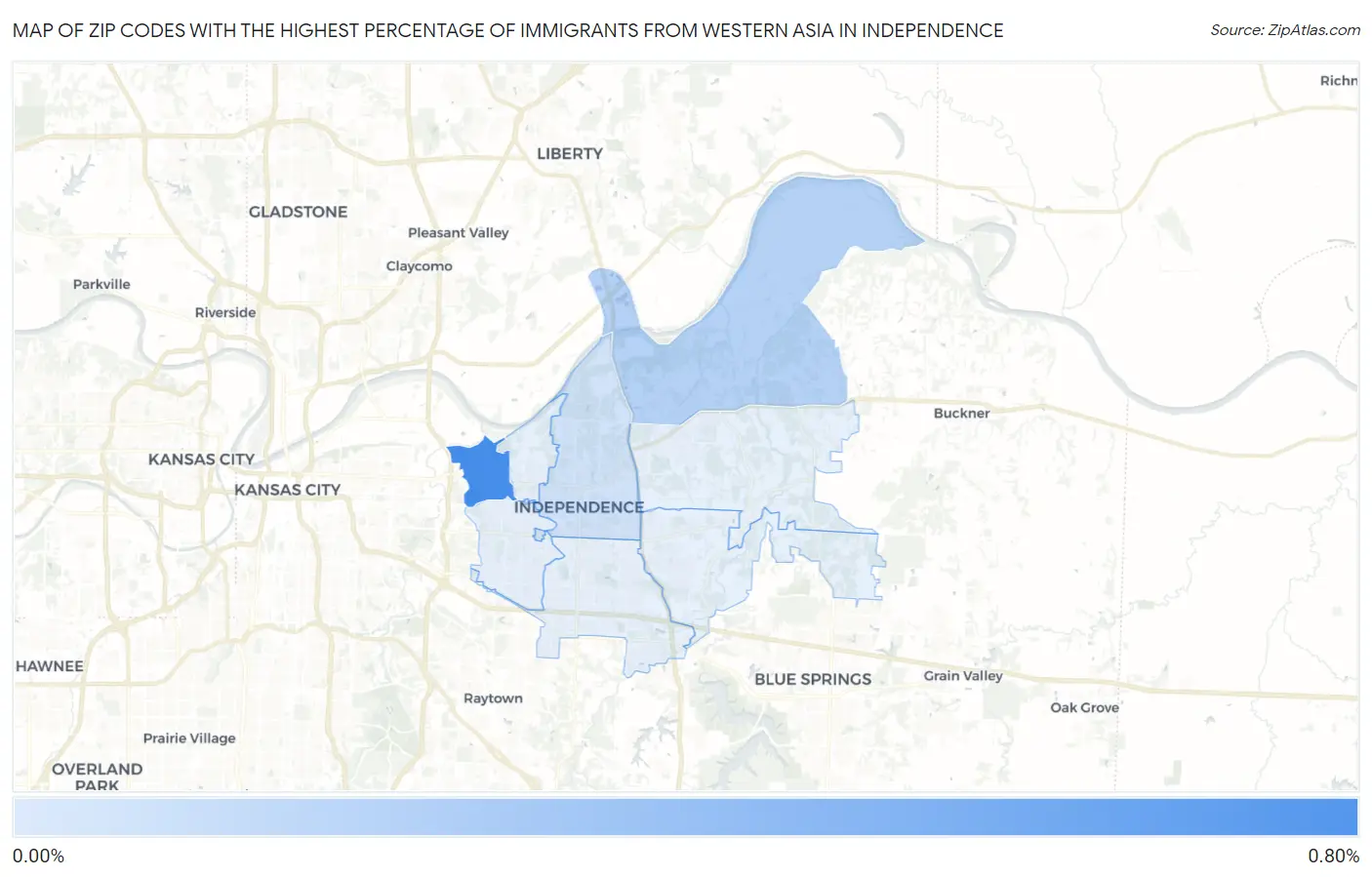 Zip Codes with the Highest Percentage of Immigrants from Western Asia in Independence Map