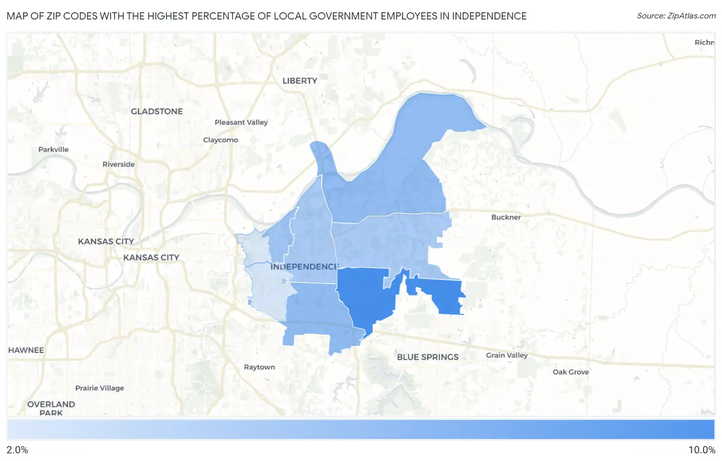 Zip Codes with the Highest Percentage of Local Government Employees in Independence Map