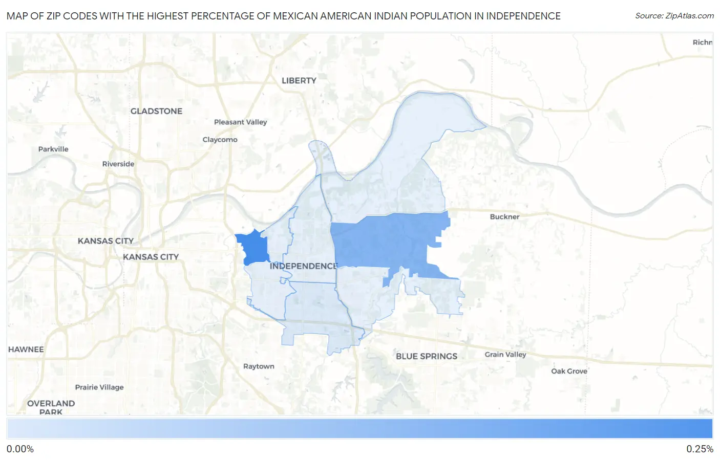 Zip Codes with the Highest Percentage of Mexican American Indian Population in Independence Map