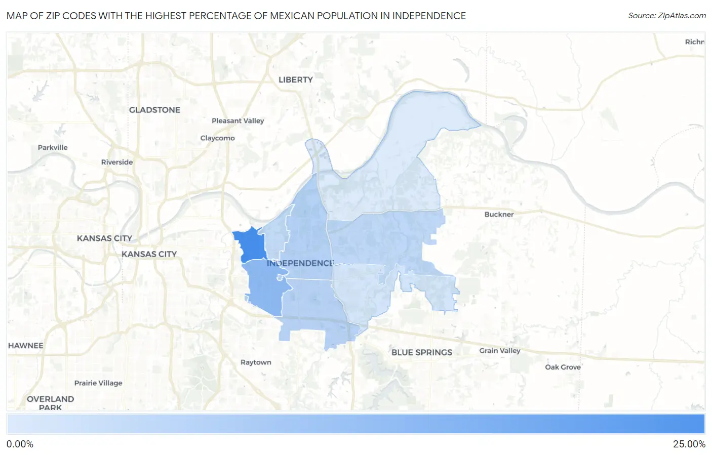 Zip Codes with the Highest Percentage of Mexican Population in Independence Map