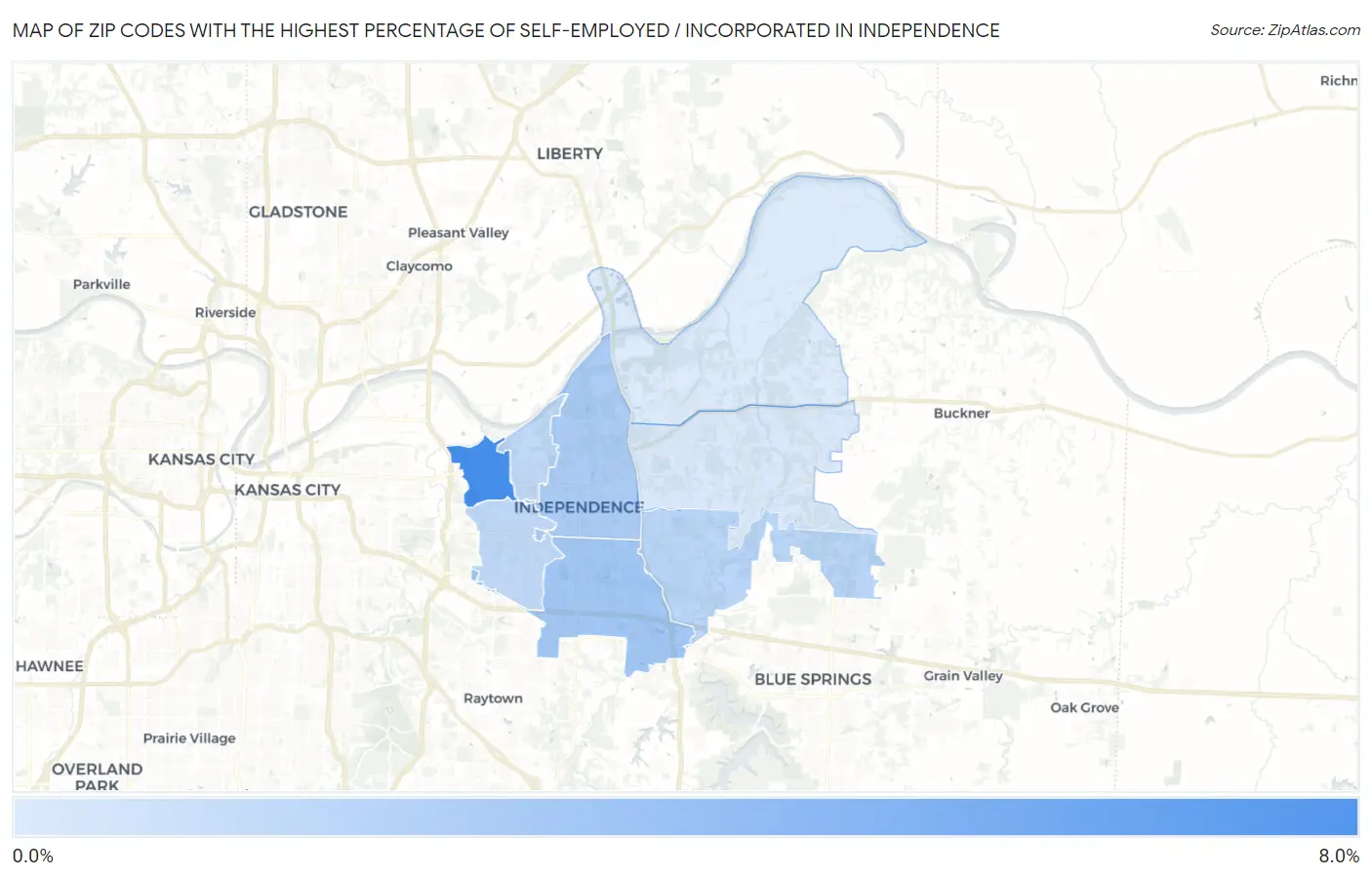 Zip Codes with the Highest Percentage of Self-Employed / Incorporated in Independence Map