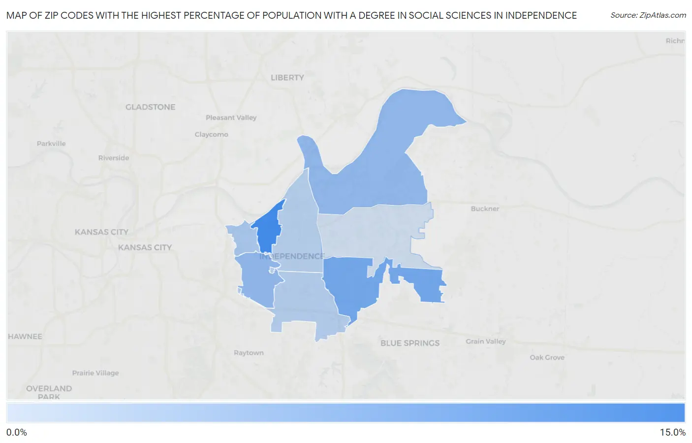 Zip Codes with the Highest Percentage of Population with a Degree in Social Sciences in Independence Map