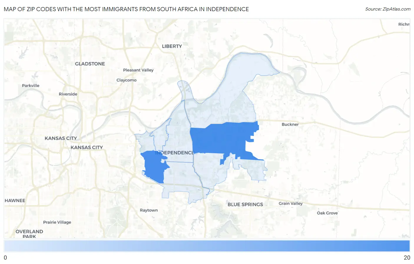 Zip Codes with the Most Immigrants from South Africa in Independence Map
